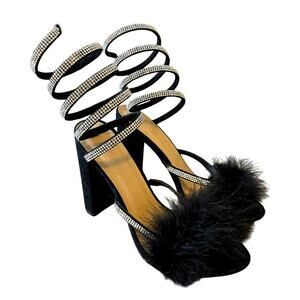 Wild Diva 6 MORRIS Feather CRYSTAL Rhinestone Leg Warp Block Heel Sandals Black